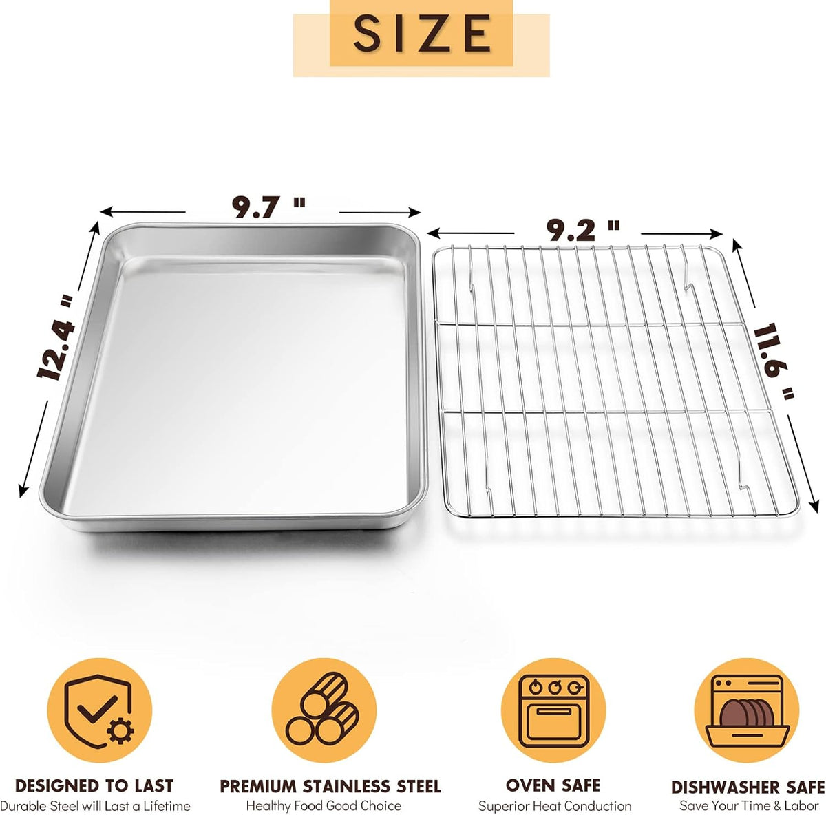 Stainless Steel Baking Sheet with Rack Set, E-far 12.4”x9.7” Cookie Sheet Broiling Pan for Oven, Rimmed Metal Tray with Wire Rack for Cooking/Baking/Cooling/Bacon, Non-toxic & Dishwasher Safe