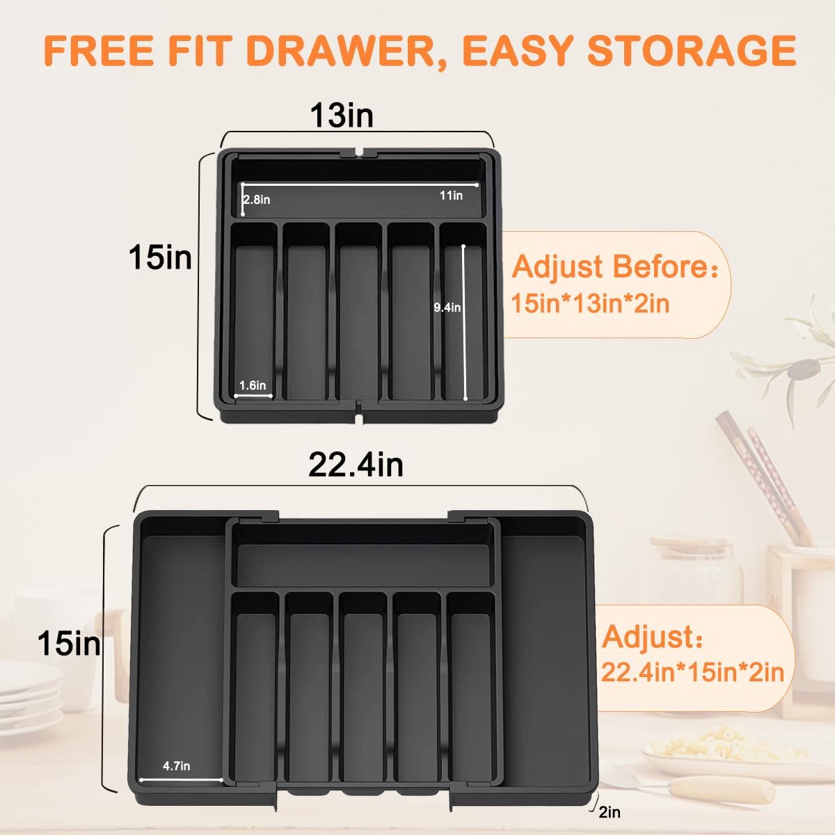 Silverware Drawer Organizer - Expandable Deep Utensil Organizer for Kitchen Drawers(13" - 22.4" x 15",White)