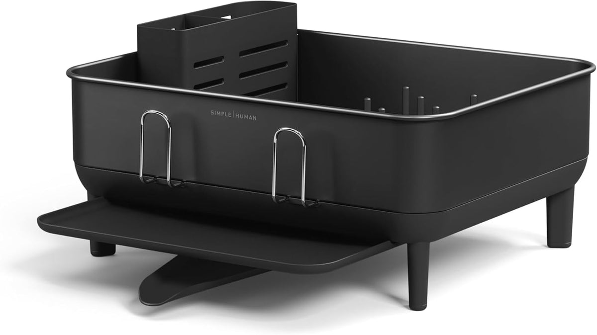 simplehuman Compact Dish Drying Rack with Stainless Steel Frame, 360º Easy Drain Swivel Spout, Utensil Holder, Anti-Residue Coating, Moisture Control Surface, Matte Black