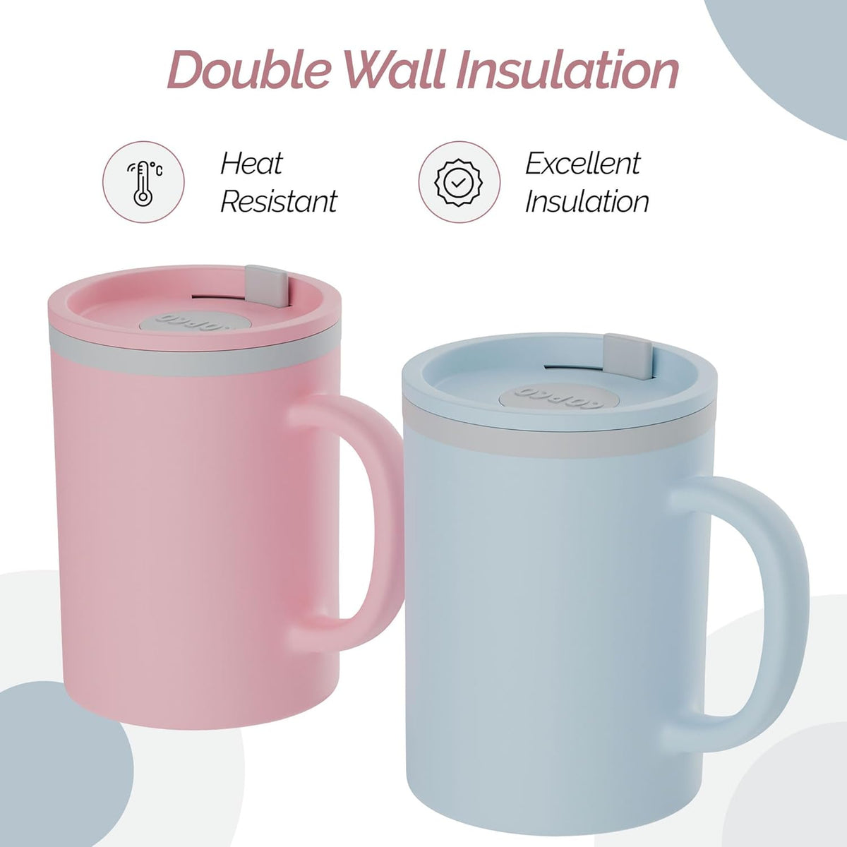 Copco Iconic 16oz Double Wall Insulated Desk Mug with Lid and Handle, Set of 2, BPA-Free Reusable Plastic, Spill-Proof, Microwave & Dishwasher Safe, Wide Mouth, Cup Holder Friendly (Light Blue/Pink)
