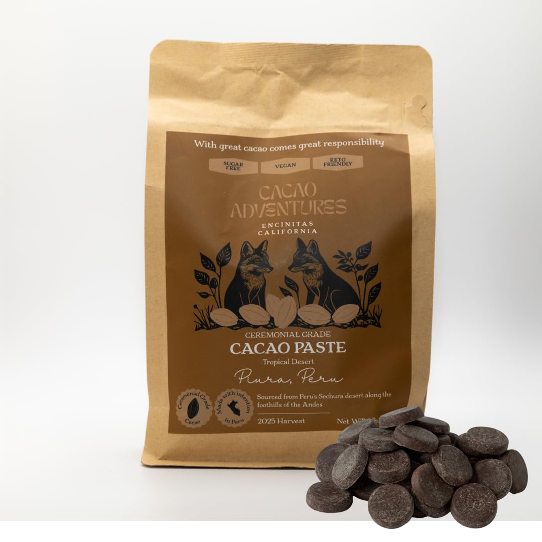 Cacao Adventures Ceremonial Grade CacaoDairy Free & Vegan | Unsweetened | Ethically sourced and sustainably grown | Vegan Peruvian Cacao Ceremonies, 1 Pound (Pack of 1)