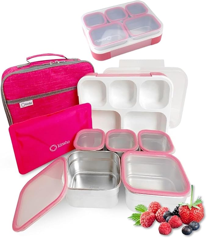 kinsho Stainless Steel Bento Lunch Box Set for Adults, Kids - Insulated Bag and Ice Pack - Leak-Proof Metal Compartment Meal Prep Food & Snack Containers for Work Travel School Daycare, 34 oz Pink