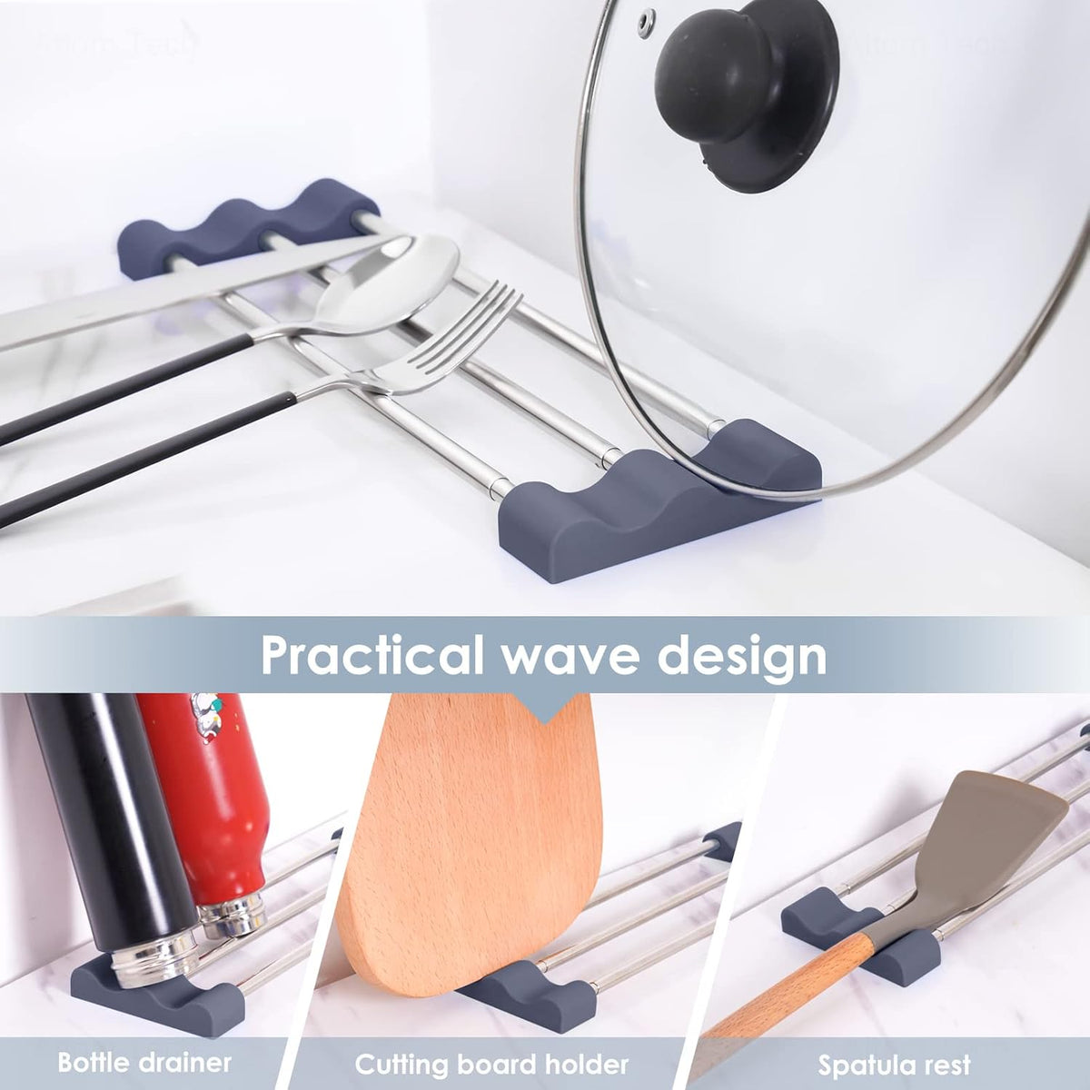 Tomorotec Adjustable Over-The-Sink Kitchen Rack for Dishcloths, Sponges, Bottles and Brushes - Heat-Resistant Stainless Steel with Slim, Expandable Design and Multifunctional Silicone Holder
