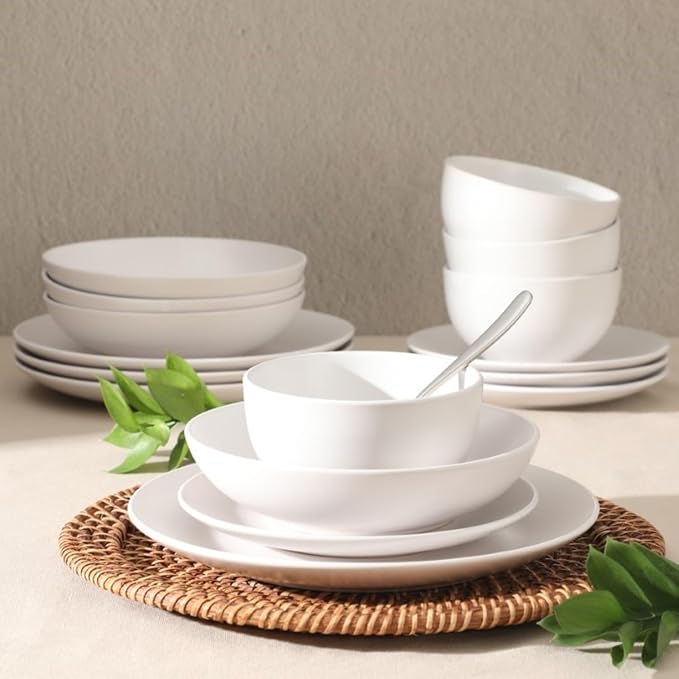 Gibson Home Queenslane 16 Piece Plates and Bowls Dishes Stoneware Ceramic Dinnerware Sets - Matte White