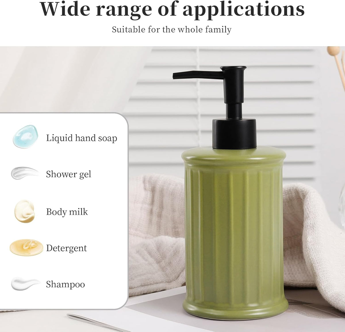 Soap Dispenser, Ceramic Liquid Dish Soap Dispenser 11.84OZ, Hand Soap Dispenser for Kitchen Bathroom, Refillable Shower Soap Dispenser, Green, ANTIS'S HOME