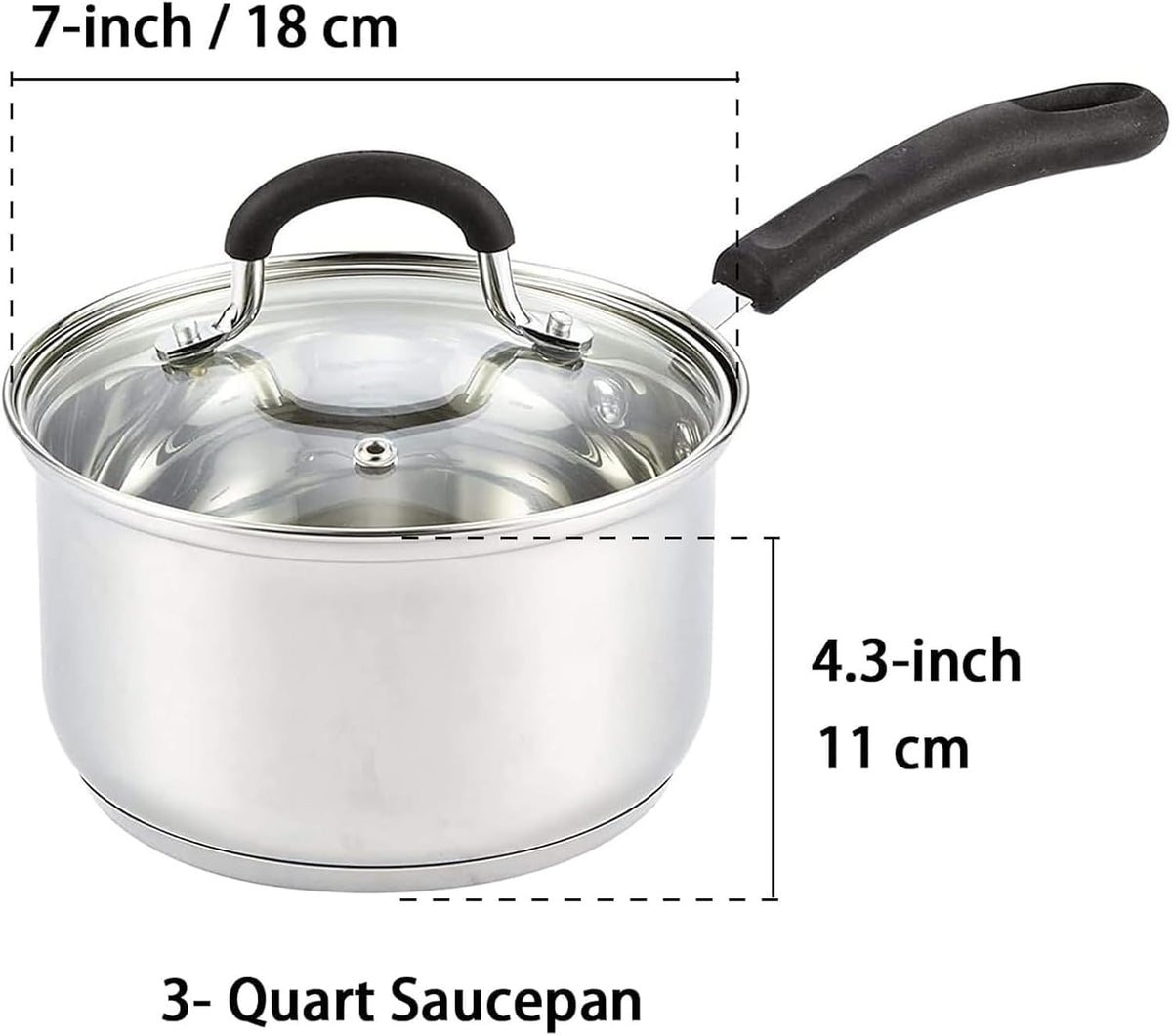 Cook N Home Saucepan Sauce Pot with Lid 3 Quart Stainless Steel, Stay Cool Handle, silver