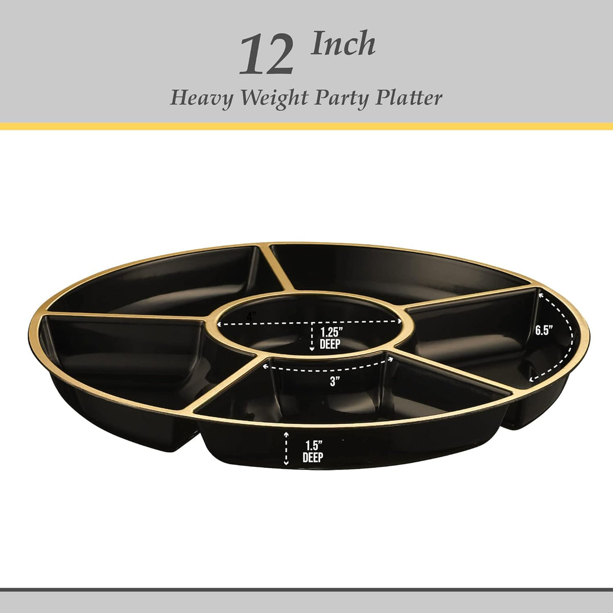 Plasticpro 6 Sectional Round Plastic Serving Tray/Platters Black & Gold Pack of 8