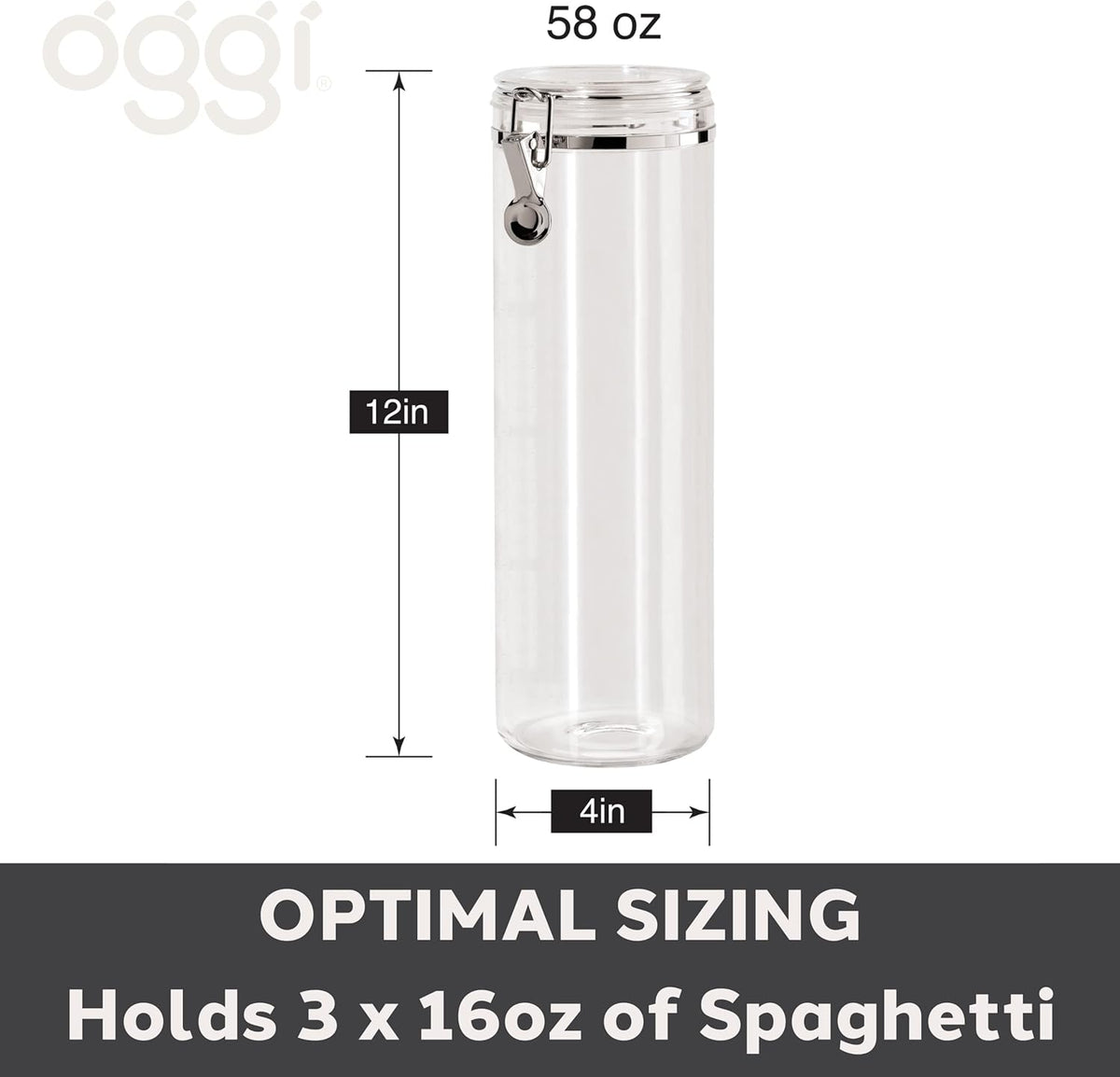 OGGI Tall Clear Canister with Clamp Lid, 58 oz - Large Airtight Food Storage Container, Ideal for Kitchen & Pantry Storage of Bulk, Dry Foods Including Pasta & Spaghetti, Plastic