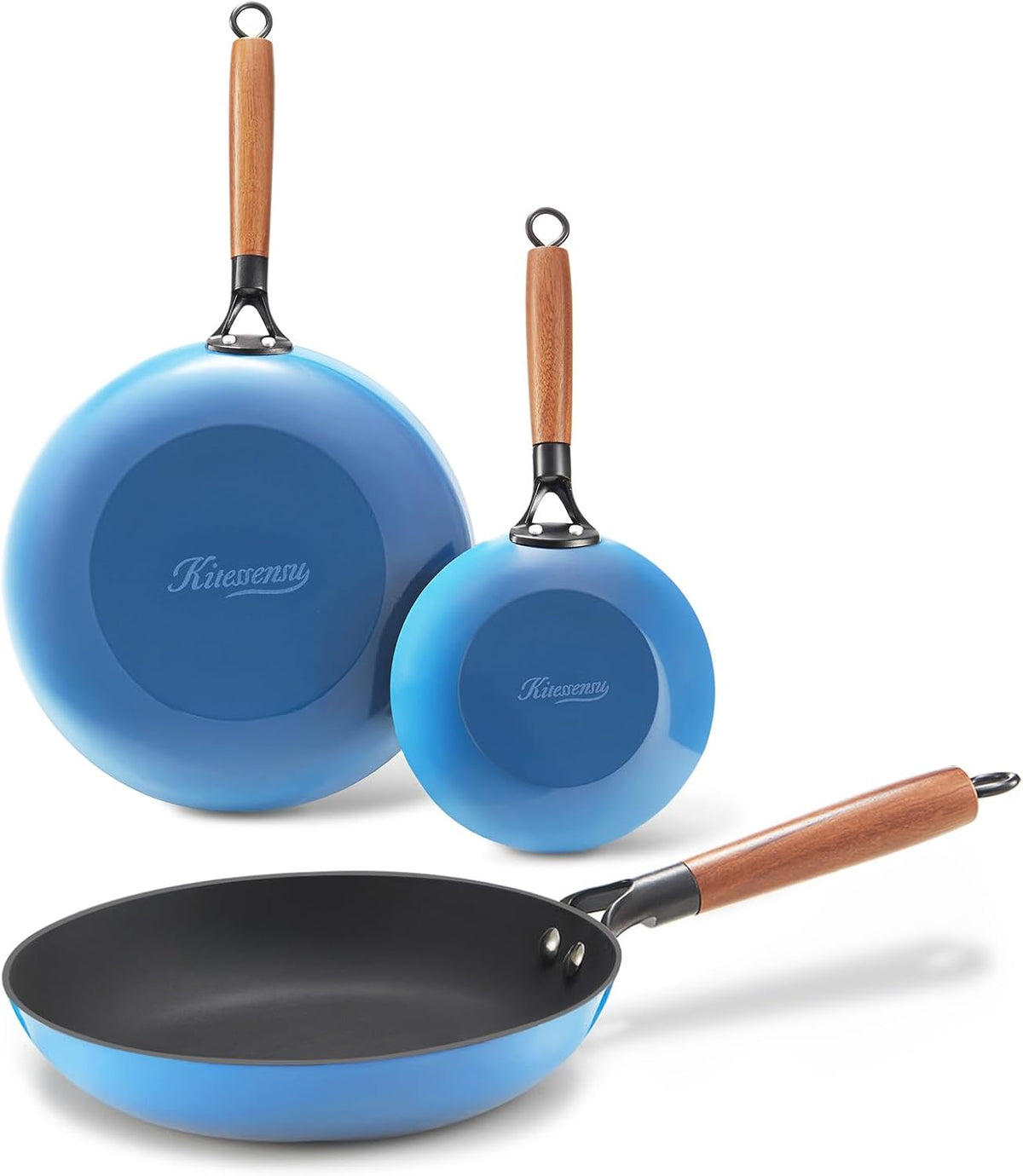 KITESSENSU Enameled Cast Iron Skillets - Non Stick Frying Pans Set with Durable Wooden Handle - 8&10&12 In Titanium Cast Iron Pans for Multi-Cooking - Pre Seasoned Cookware Set - Gradual Cobalt Blue