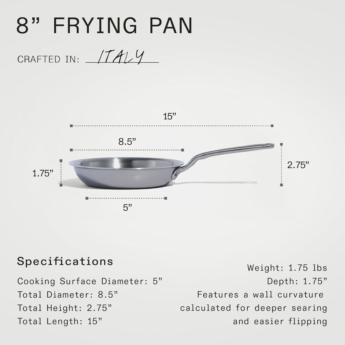 Made In Cookware - 8-Inch Stainless Steel Frying Pan - 5 Ply Stainless Clad - Professional Cookware - Crafted in Italy - Induction Compatible