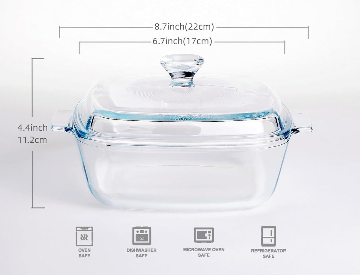 Clear Square Glass Casserole with Lid, Baking Dish with Glass Cover, Oven, Freezer and Dishwasher Safe (1.2-Quart Square)