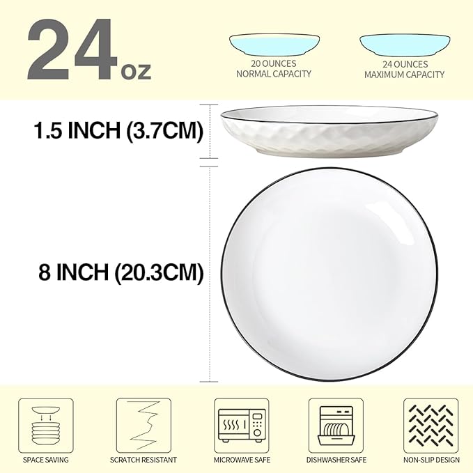 Yeacccng Pasta Bowls Set of 6, White Cereal Bowls Set of 6, 24oz Ceramic Salad Bowls, Lead-Free, 8 Inch White Serving Bowl for Pasta, Salad, Oatmeal, Fruit, Chicken, Dishwasher & Microwave Safe