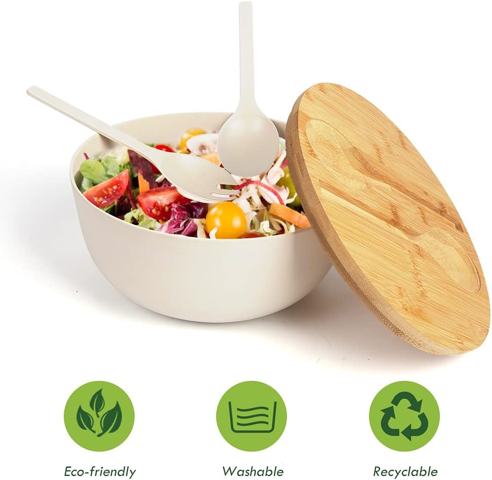 ShineMe Large Salad Bowl with Lid, Bamboo Fiber Salad Serving Bowl Set with Utensils, 9.8inches Mixing Bowl with Servers, Solid Bamboo Wooden Bowl for Salad, Fruits, Vegetables and Pasta(White)