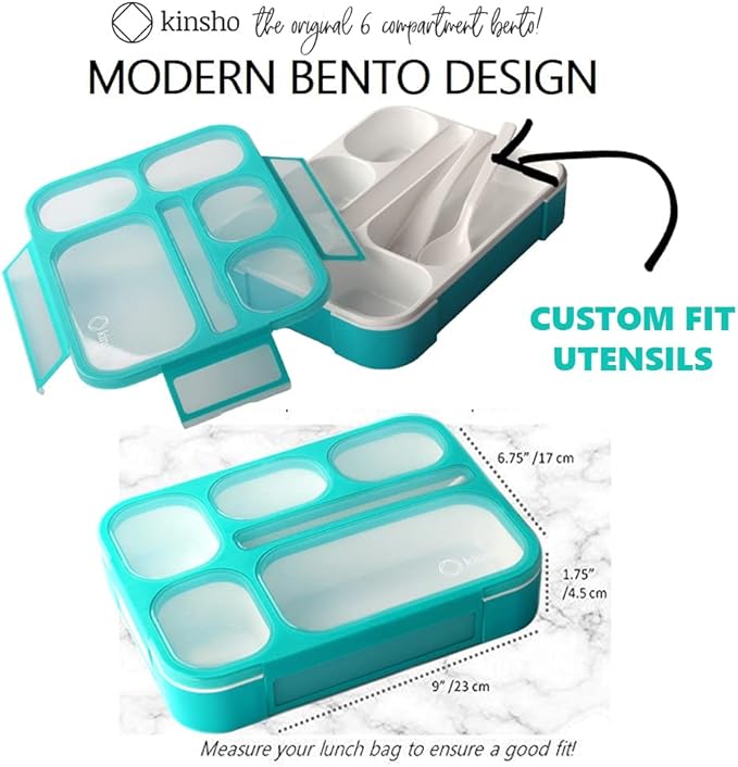 kinsho Bento Box Lunch-Box Containers for Kids, Adults | 6 Compartment Lunch-Boxes | Leakproof School Bentobox, Snack or Meal Portion Container | BPA-Free, Teal
