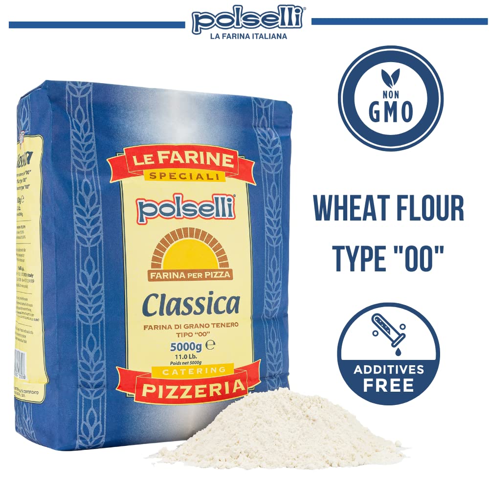 POLSELLI Classica, Tipo "00" Double Zero Flour Extra Fine, 11 lbs (5 kg), Neapolitan Italian Pizza, Bread, Pasta, and more, All Natural, Unbleached, Unbromated, No Additives