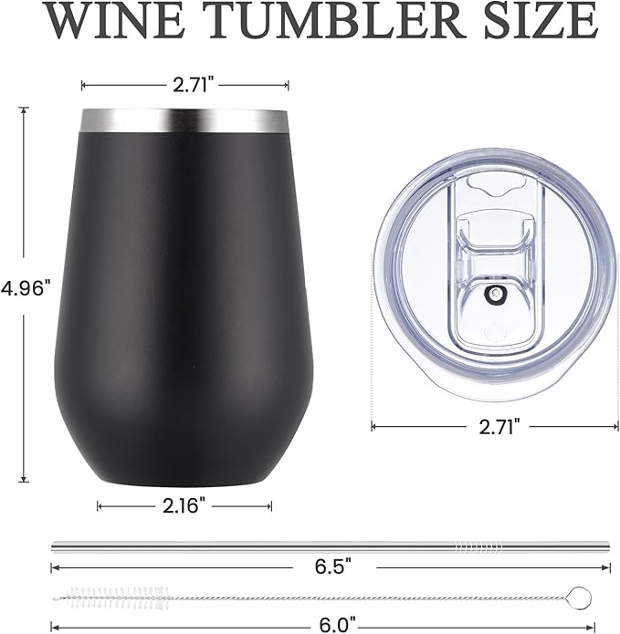 MEWAY 12oz/4 Pack Wine Tumbler Glasses with Lid - Stemless Double Wall Vacuum Stainless Steel Tumblers Keeping Cold & Hot for Wine - Family and Gifts, Ideal for Travel and Office(Black,Set of 4)