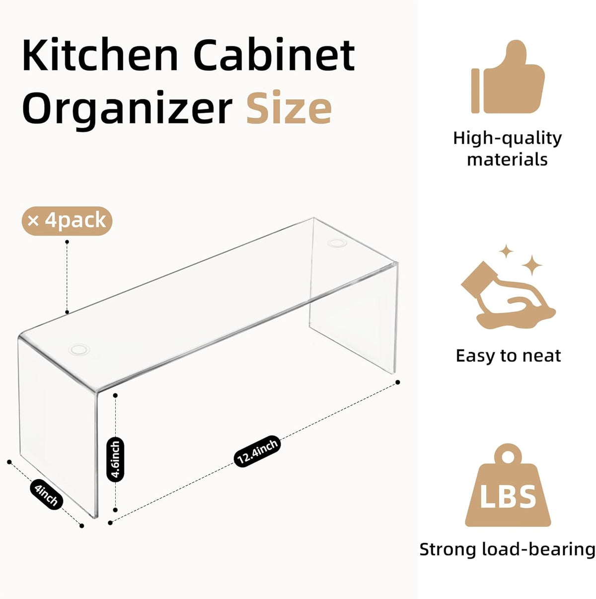4 Packs Cabinet Organizer Shelf, Acrylic Kitchen Counter Shelves Organizer, Spice Rack for Dishes, Spices, Soda Cans and Bottles（12.4 x 4 x 4.6 inch）