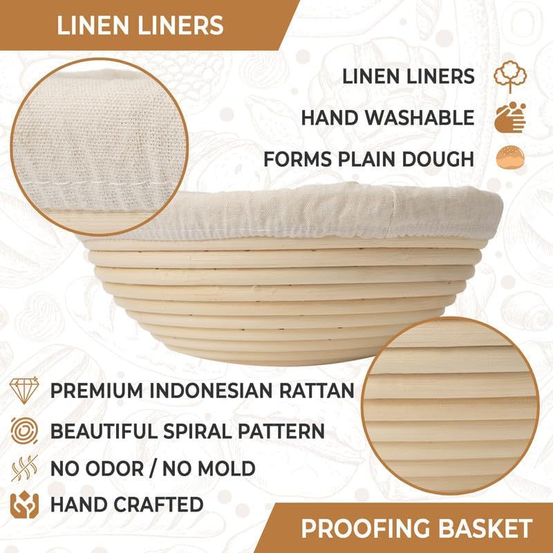 Banneton Bread Proofing Basket Set - Sourdough Starter Kit with Bread Making Tools Like 9" & 10" Baskets, Whisk, Brush, Scraper, Lame, Blades, Liners & More - Premium Sourdough Bread Baking Supplies