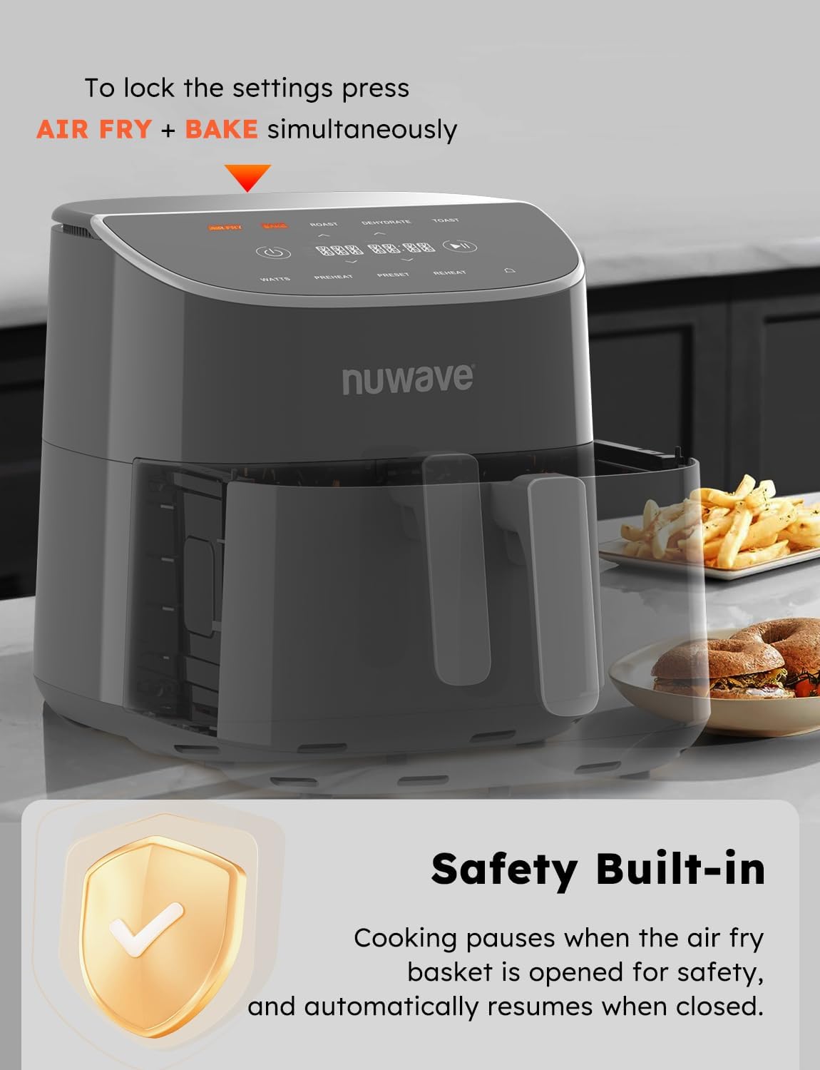 Nuwave Brio Plus 8 Qt Air Fryer, PFAS Free, New & Improved, Digital Touch Screen, Cool White Display, 50°F~400°F in Precise 5°, 5 Cook Functions, 100 Presets & 50 Memory, 3 Wattages 700, 1500, 1800