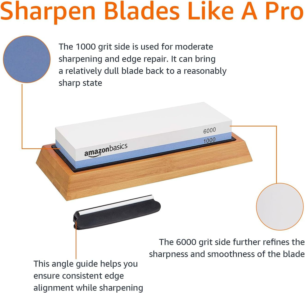 Amazon Basics Whetstone Knife Sharpening Wet Stone Dual Sided 1000/6000 Grit with Non-Slip 1 Pc, Bamboo Base, Black & Grey