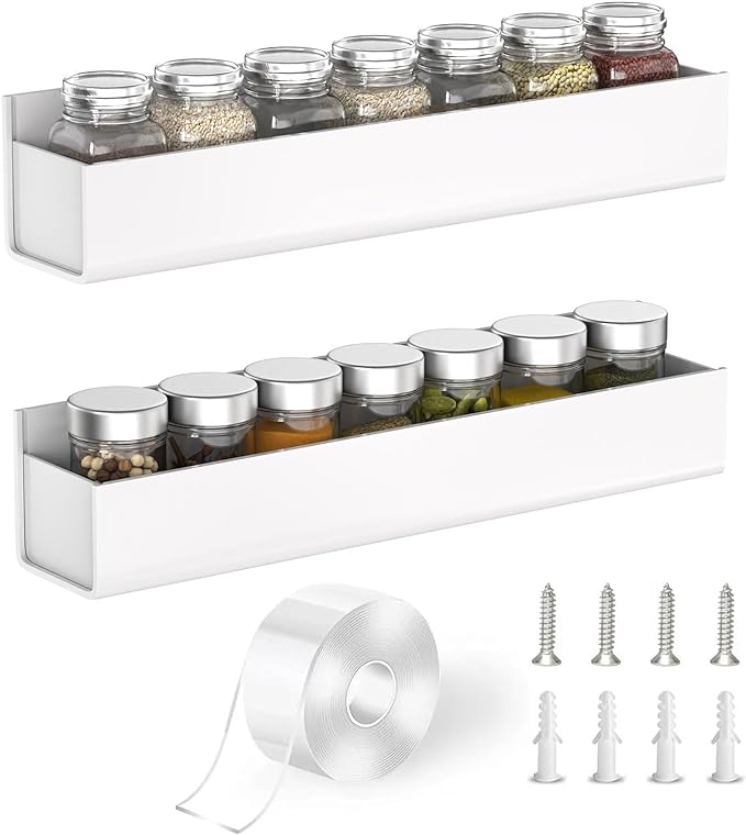 PMMASTO Adhesive Acrylic Spice Rack Organizer for Wall with Nano Double Sided Tape, Spice Shelf Organization for Kitchen Cabinet Door/Pantry Door, Wall Mount Seasoning Rack (White-2 Pack)