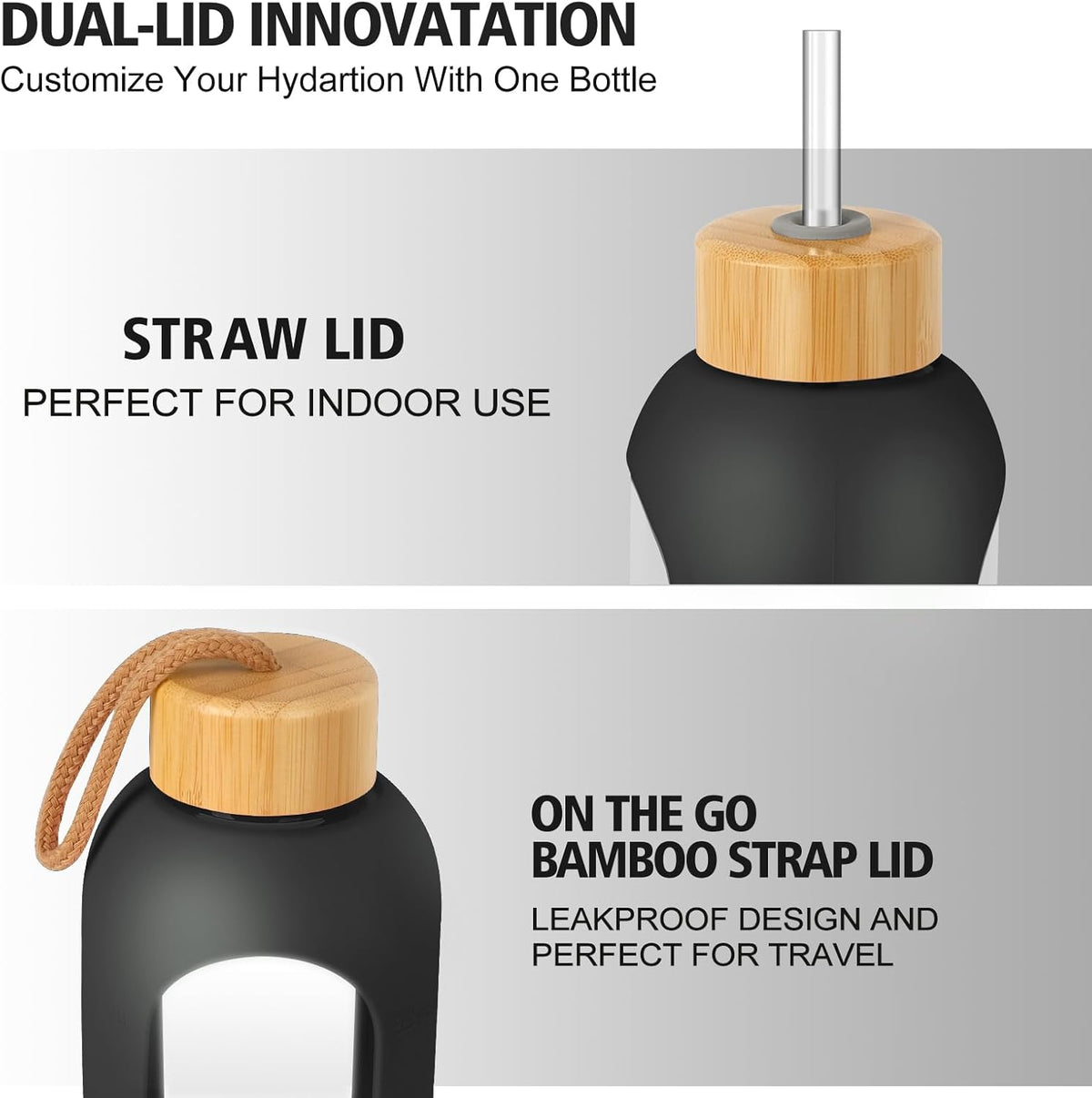 Glass Water Bottles 32 oz - Motivational Drinking Glass Water Bottle with Silicone Sleeve, Straw & 2 Bamboo Lids - 1 Liter Clear Borosilicate Daily Intake Tumbler with Time Marker - Jet Black