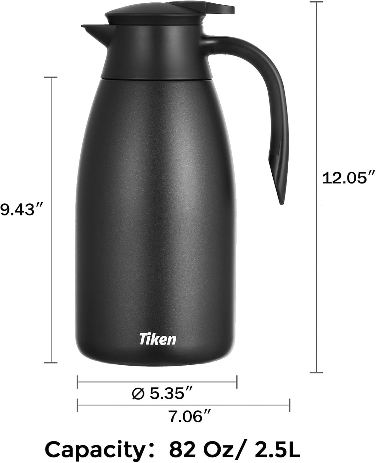 Tiken 85 Oz Thermal Coffee Carafe, Stainless Steel Insulated Vacuum Coffee Carafes For Keeping Hot, 2.5 Liter Beverage Dispenser (Black)