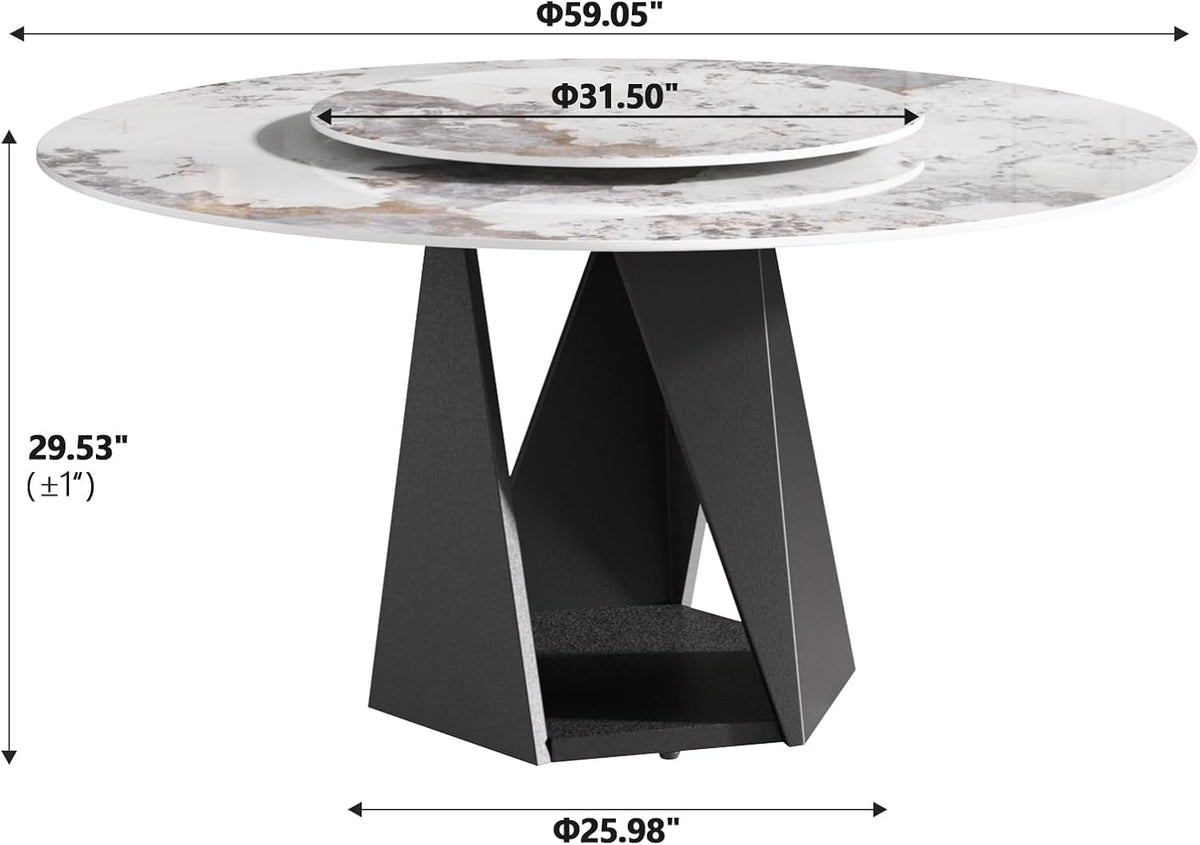 Montary 59" Modern Artificial Marble Round Dining Table with Black Iron Metal Base & 31.5" White Sintered Stone Turntable, Dining Room Table with Lazy Susan for 6-8 (Only Table)