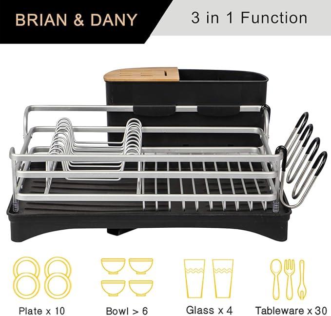 BRIAN & DANY Aluminum Dish Drying Rack, Dish Racks for Kitchen Counter, Dish Drainer with Removable Cutlery Holder & Cup Holder, Unique 360° Swivel Spout Drainboard, 16.5" L x 11.8" W, Silver