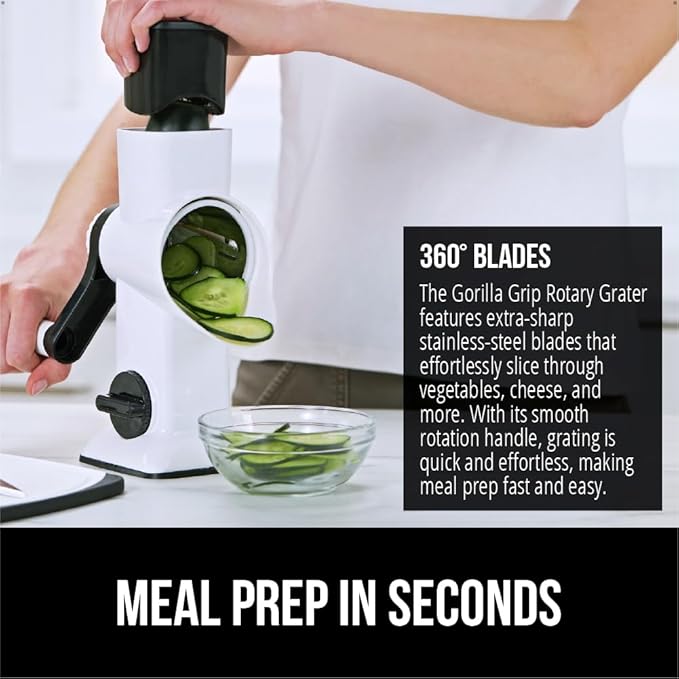 GORILLA GRIP BPA-Free Rotary Cheese Grater Hand Crank, Easy to Set Up, Strong Suction Base for Kitchen Countertop, Shred Potato, Vegetable, Nuts in Seconds, Round Mandoline Slicer, 3 Blades, White