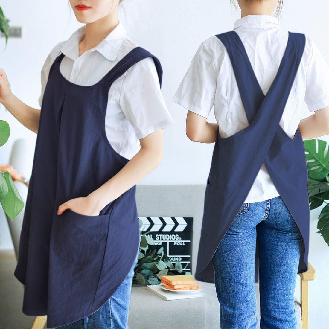 NEWGEM Japanese Linen Cross Back Cooking Aprons for Women Men with Pockets Cute for Baking Kitchen
