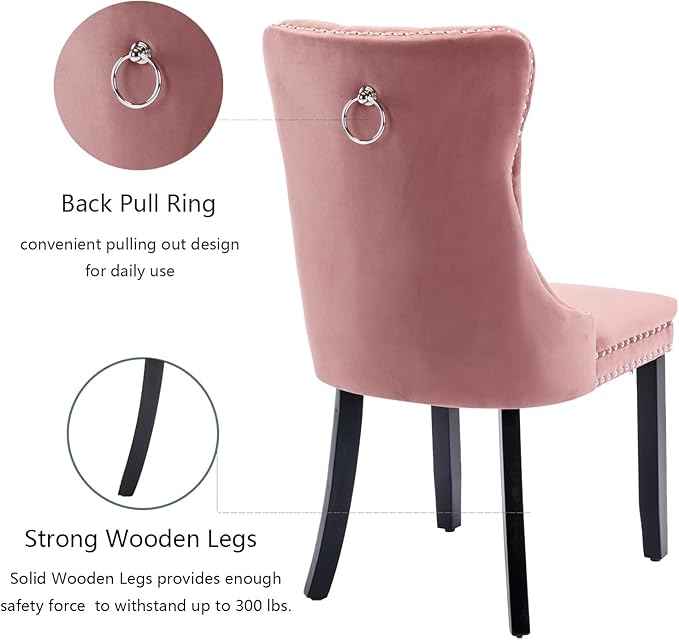 Pink Velvet Dining Chairs Set of 2, Upholstered Dining Room Chairs with Back Ring Pull Trim and Solid Wood Legs, Tufted Wingback Kitchen Chairs for Dining Room,Living Room,Kitchen(Pink)