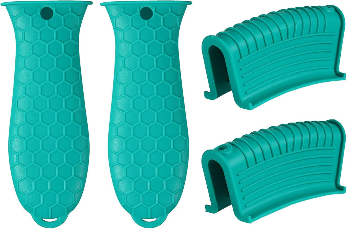 4 Pcs Non-Slip Silicone Hot Handle Holder & Assist Grips, Potholder for Cast Iron Skillets, Heat Resistant Handle Cover Sleeve for Frying Pans, Casserole, Cookware Handles, Lake Blue