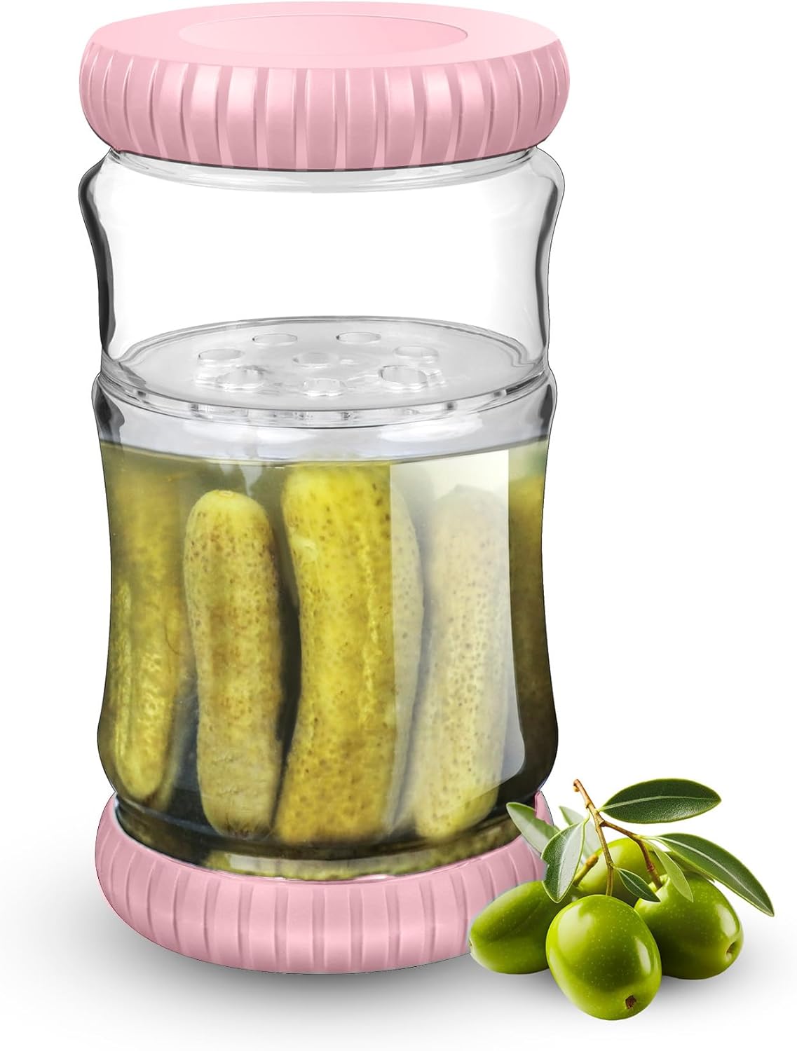 40oz Glass Pickle Jar with Strainer Flip - Pickle Storage Container with Airtight Lid, BPA-Free, Dishwasher Safe, Fermentation Hourglass Jar for Kimchi, Olives, Jalapeno, Gherkins (Pink)