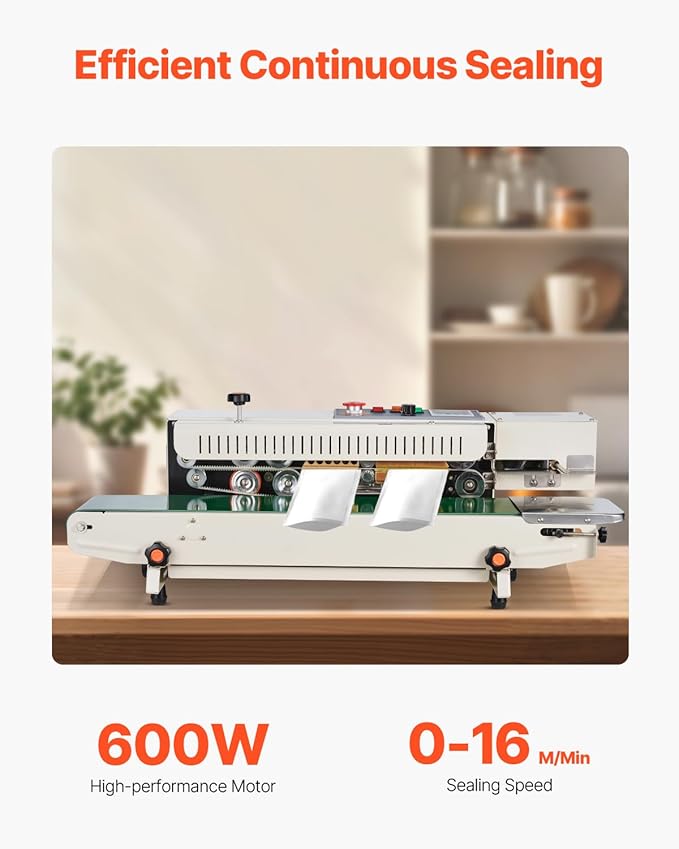VEVOR Continuous Bag Band Sealing Machine, 0.24-0.47 in/6-12 mm Seal Width, Horizontal Band Sealer Machine with Digital Temperature Control, Bag Sealer for 0.02-0.8 mm Plastic Bags, Inflation Function