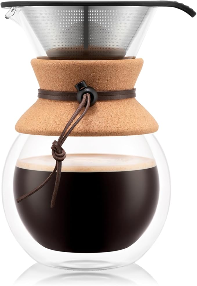 Bodum 34oz Pour Over Coffee Maker, High-Heat Borosilicate Glass with Reusable Stainless Steel Filter and Double Wall Cork Grip - Made in Portugal