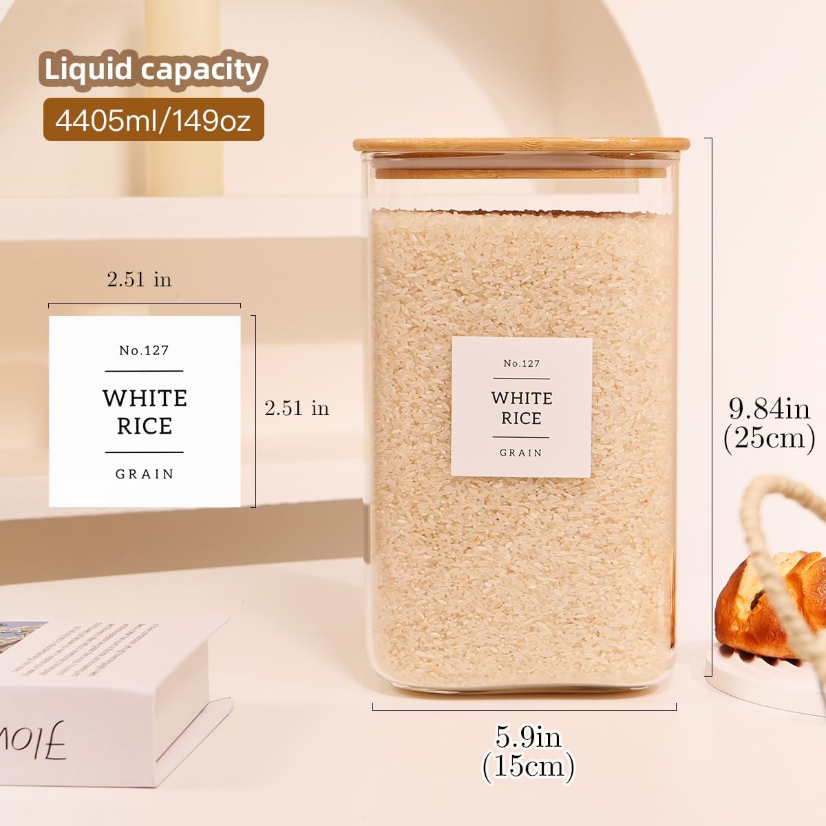 2 Pack large Square Glass Flour and Sugar Containers with 132 Kitchen Pantry Labels - Thicken 149 floz Glass Storage Jars with Airtight Bamboo Lid - Big Rice Canisters for Coffee, Pasta, Cereal