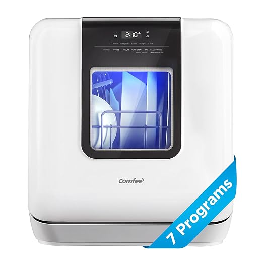 COMFEE' Countertop Dishwasher, Portable Dishwasher with 6L Built-in Water Tank, Mini Dishwasher with More Space Inside, 7 Programs, UV Hygiene& Auto Door Open, for Apartments, Dorms& RVs, White