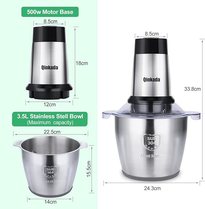 Qinkada Food Processor, 500W Powerful Meat Grinder, 14Cup Stainless Steel Bowl, 3 Speed Modes 4 Bi-Level Blades for Onion, Meat, Nuts, Fruit, Garlic, Vegetable, Baby Food