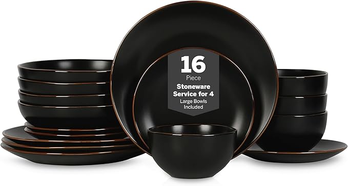 Stone Lain Brasa Modern Stoneware 16 Piece Dinnerware Sets, Plates and bowls Sets, Dish Set for 4, Black