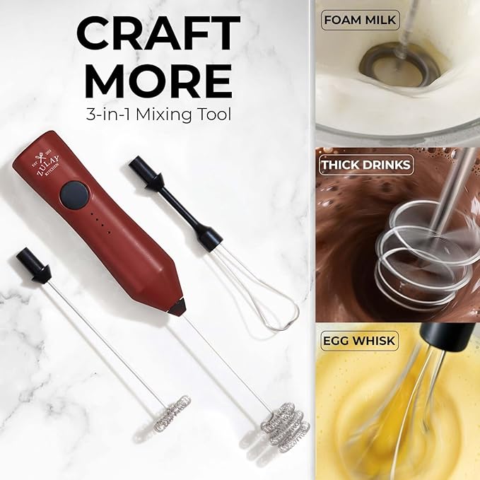Zulay Kitchen Rechargeable Milk Frother - Dynamic - 3 Speeds, 3 Whisk Attachments, 500 mAh USB Charging, Drink Mixer For Latte, Cappuccino, Matcha, Protein Powder, Coffee Foam - Red Black