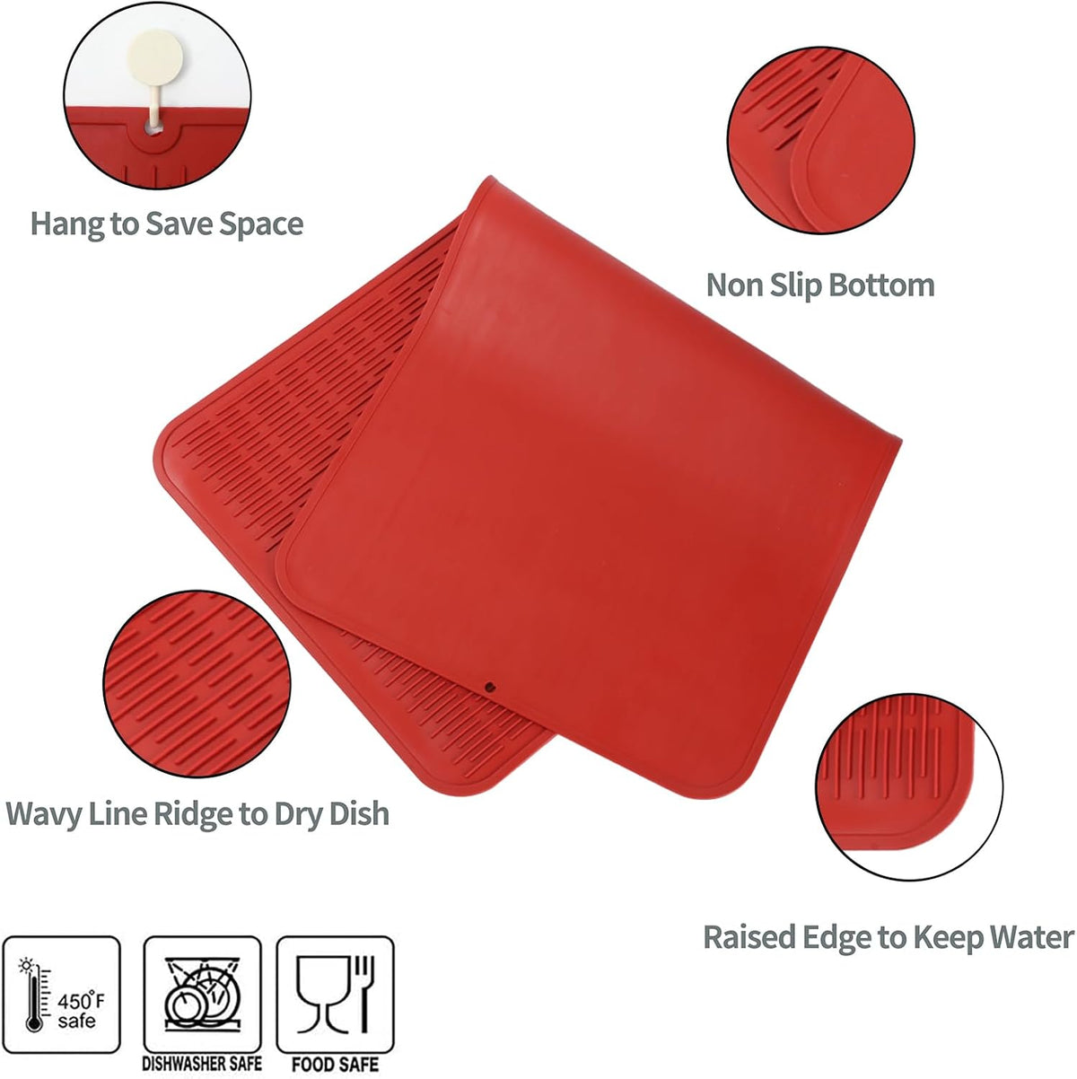 Silicone Dish Drying Mat for Multiple Usage,Easy clean,Eco-friendly,Heat-resistant Silicone Mat for Kitchen Counter or Sink,Refrigerator or Drawer Liner Red 5XL 36inches x 18inches