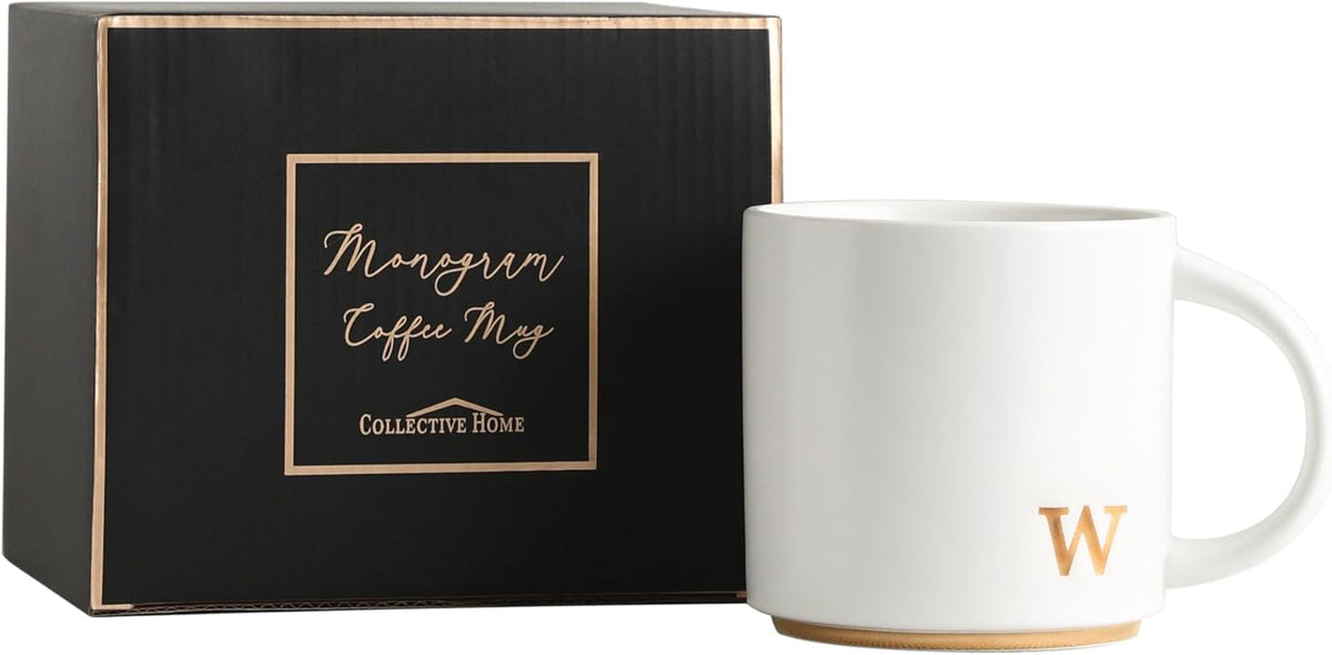 COLLECTIVE HOME - Monogram Ceramic Mugs, 15 oz Golden Initial Coffee Cups, Elegant Alphabet Tea Mugs, Elegant Personalized Mug with Gift Box, Luxurious Cups for Office and Home (w)