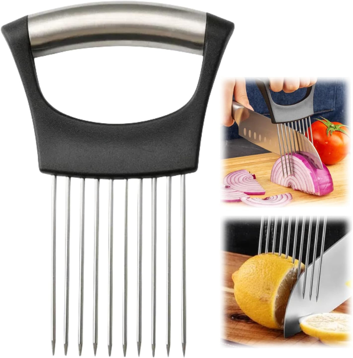 Onion Slice Holder, 2024 New Stainless Steel Holder for Slicing, Chopper Assistant Tool, Cutter for Meat, Onion, Potato, Tomato - Kitchen Gadgets (Black, 1 Pack)