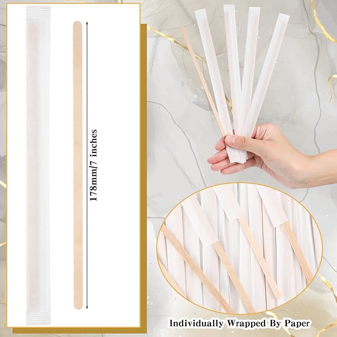 2000 Pcs Individually Wrapped Wooden Coffee Stirrers, Disposable Coffee Stir Sticks Round End Sticks Bulk Wood Stirrers for Cocktail Hot Drinks Restaurant Bar Home Office (7 Inch)