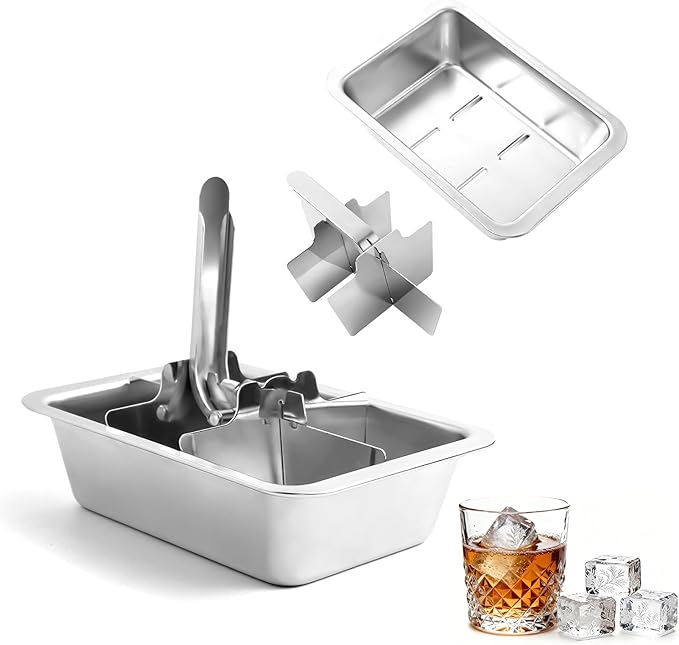 Stainless Steel Ice Cube Trays with Lever - 6 Large Cube Mold for Whiskey & Cocktails, Professional Heavy Duty Metal Freezer Tray, Non-Toxic & Easy Release for Kitchen & Bar Use