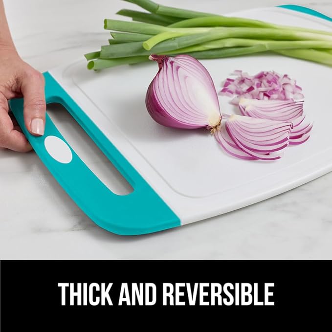 GORILLA GRIP BPA-Free Reversible Kitchen Cutting Board Set of 3, US Designed, Nonporous, Juice Grooves Catch Liquid, Slip Resistant Border, Dishwasher Safe Durable Large Food Chopping Boards Turquoise