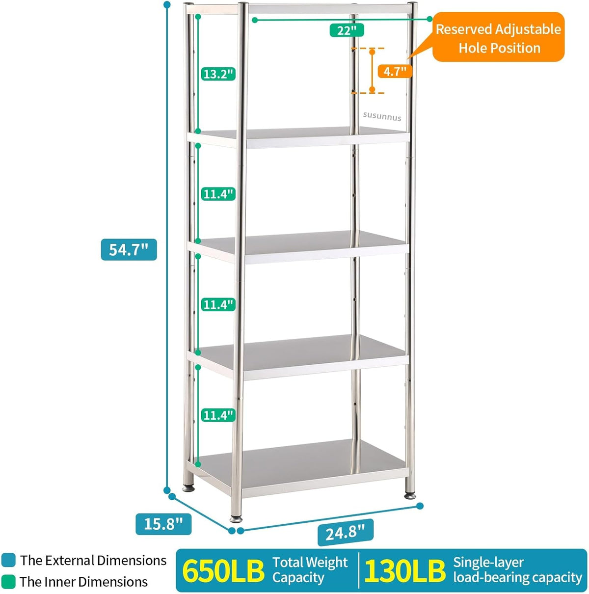 Susunnus Stainless Steel Shelves Heavy Duty Shelving Metal Shelving Units and Storage Kitchen Industrial Storage Rack (24.8in*15.8in-5T)