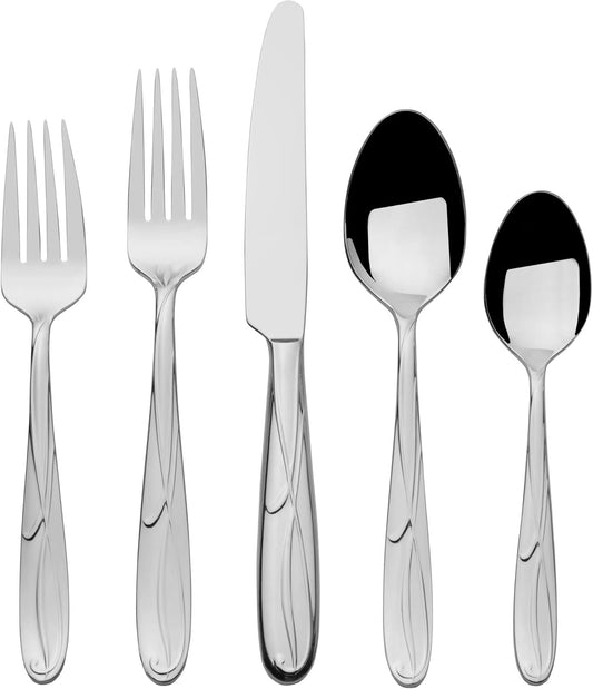 Mikasa Cocoa Blossom 65-Piece Flatware Set for 12, 18/10 Stainless Steel Silverware with Full Service and Serving Utensils, Elegant Floral Design