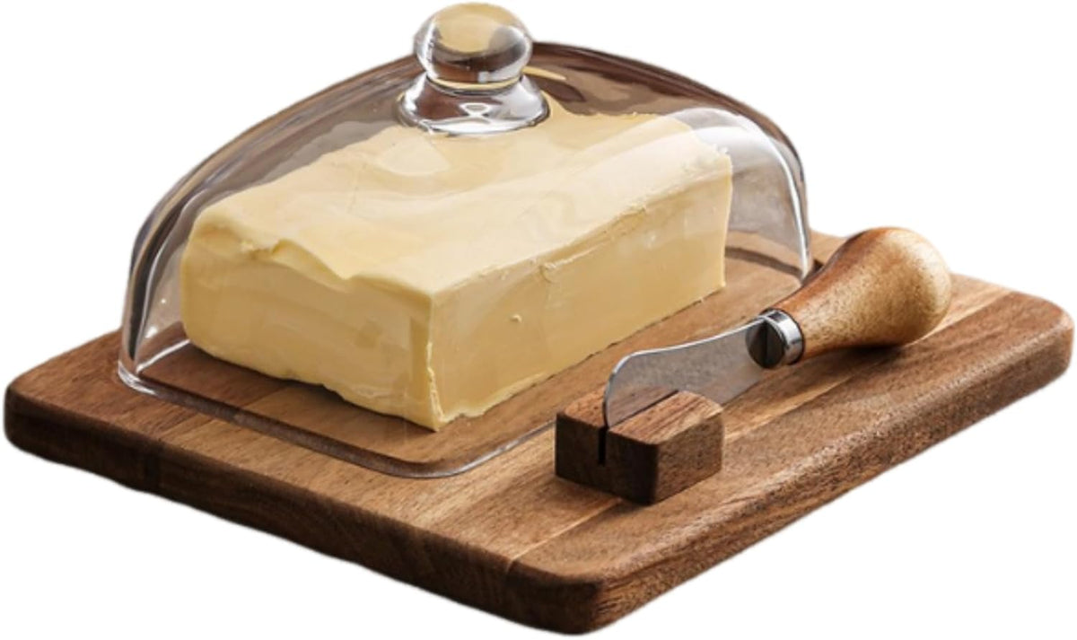 Acacia Wood Butter Dish with Knife and Glass Cover for Cheese, Butter, Cake, Dessert Serving Tray Elegant Kitchenware (1 knife)